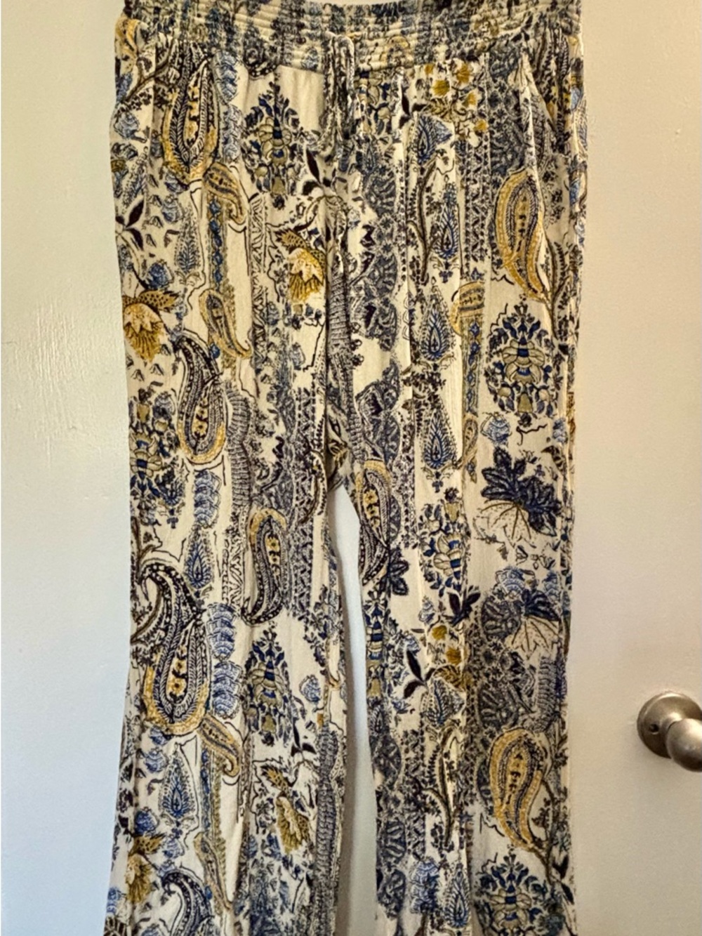 Maurices Cream Pants with Navy & Mustard Paisley Print
